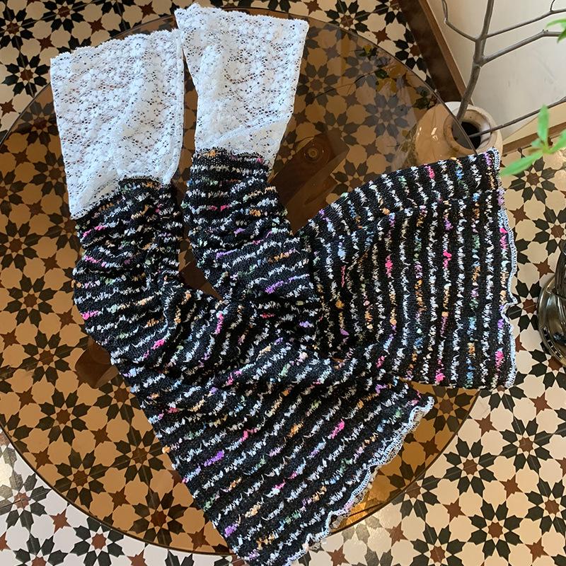 Y2K Lace Trim Flare Leg Warmers, Colorful Tweed Slouchy Socks for Women, Retro Streetwear Fashion Accessories