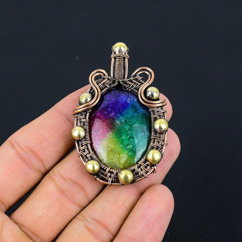 Rainbow Solar Quartz Gemstone Pure Copper Wire Wrapped Handmade Pendant Jewelry