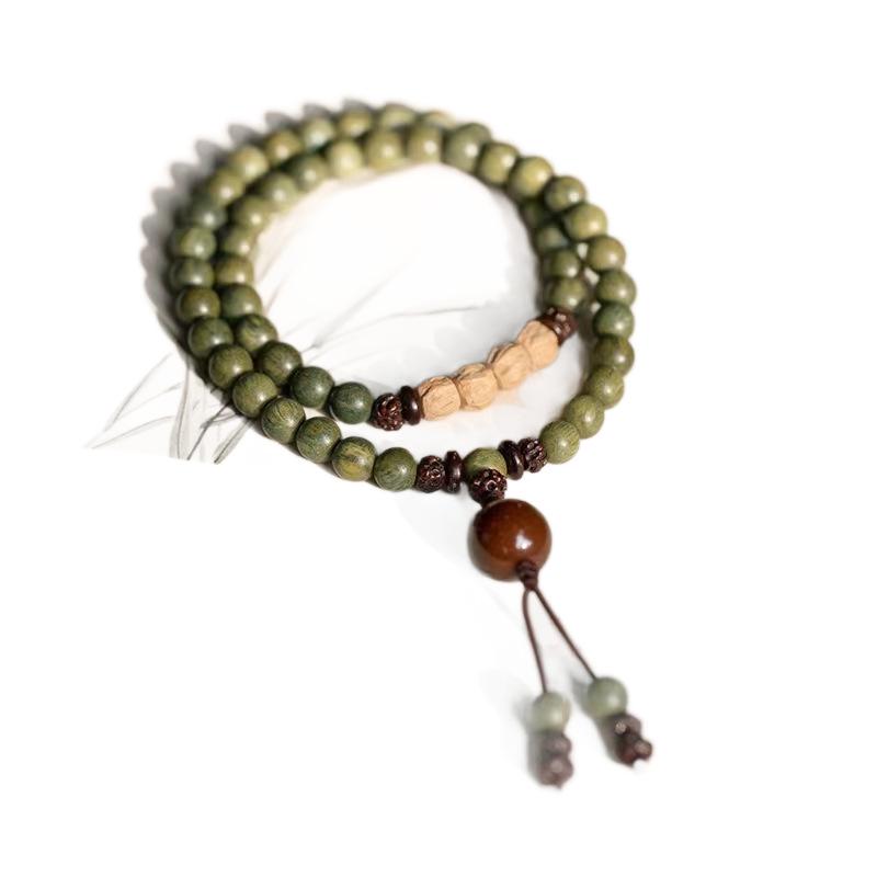 Green Sandalwood Double Circle Bracelet: Wenwan Buddhist Beads for Wealth and Fortune, Unisex