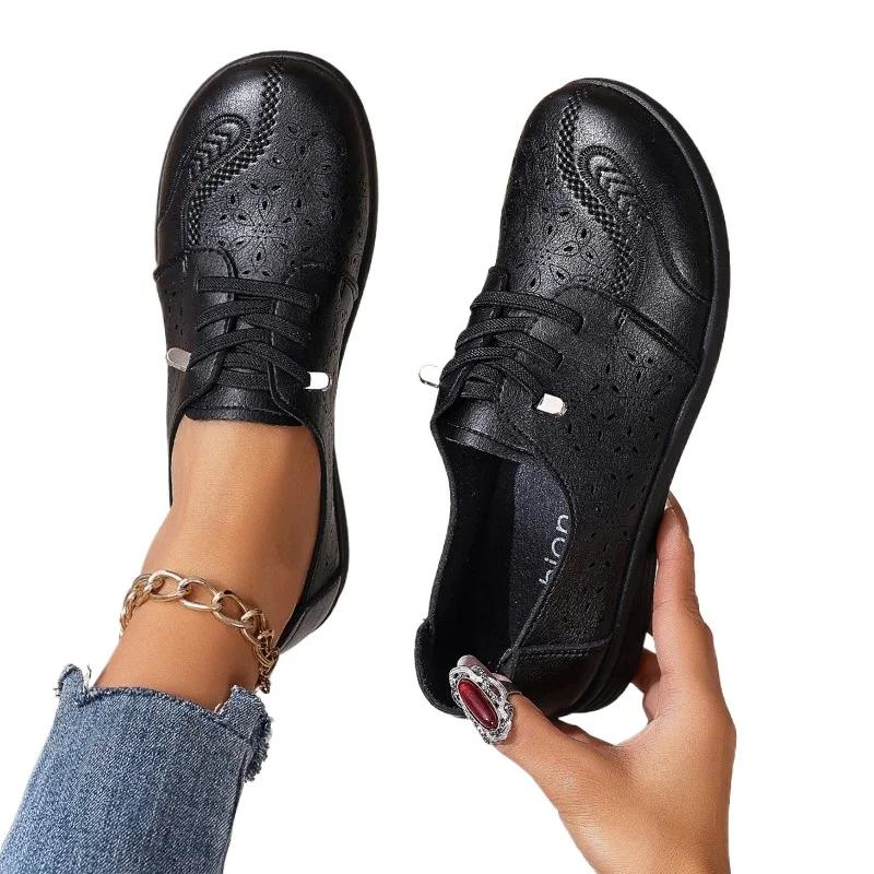 Fashion Ladies Shoes 2024 Hot Sale Lace-up Women's Flats Fashion Embroidery Casual Flat Shoes New Round Toe Flat Shoes Zapatos De Mujer
