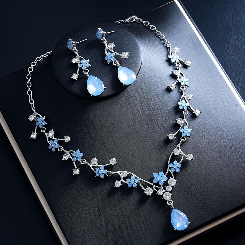 Elegant Pink Floral Rhinestone Jewelry Set for Women Gold Tone Teardrop Pendant Necklace Drop Earrings Bridal Prom Accessories