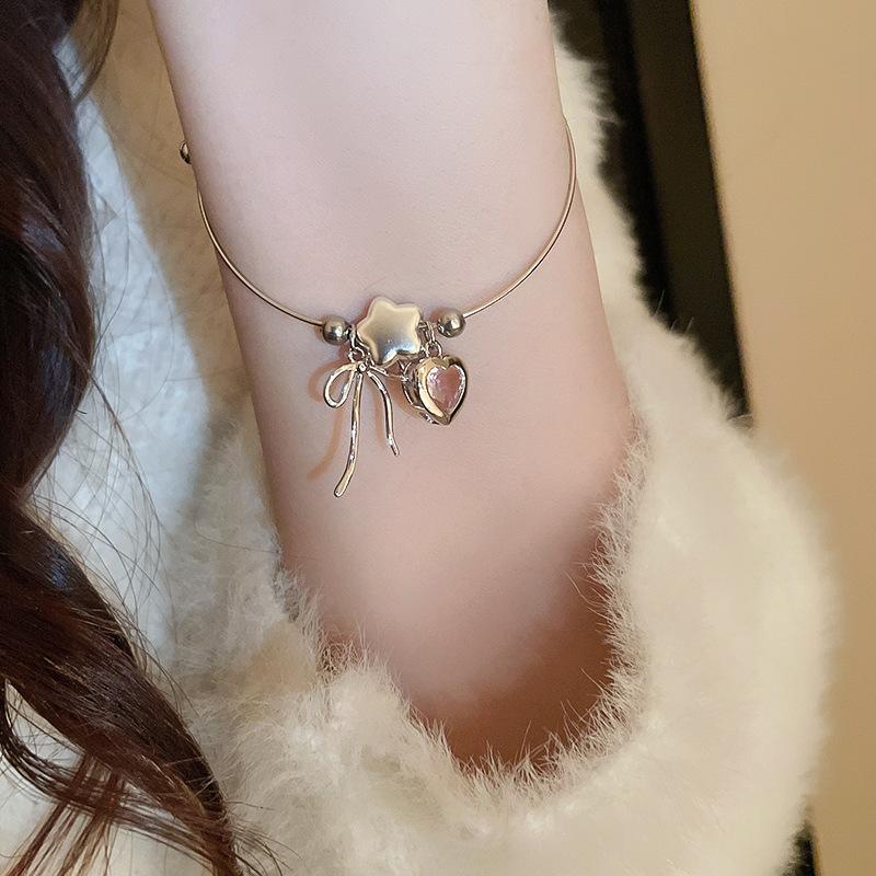 Fashion Women's Bowknot Pendant Bracelet Star Pink Zircon Heart Open Bangle Bracelet Accessory for Women Girl Y2K Style