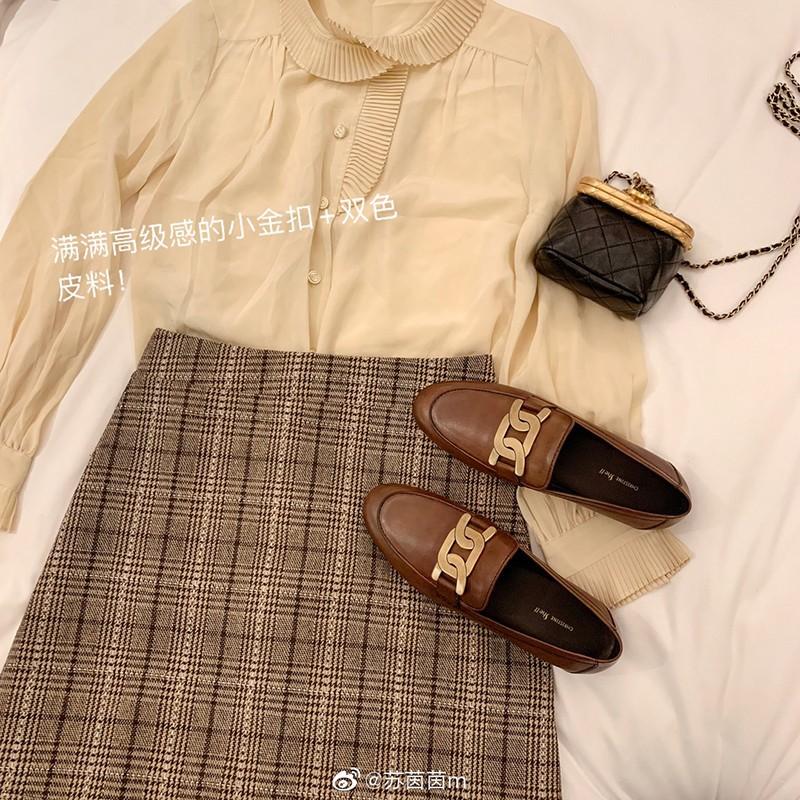 

Sheepskin~ Grape Mom same British style small leather shoes women s retro horse buckle flat bottom one pedal lazy loafers 40