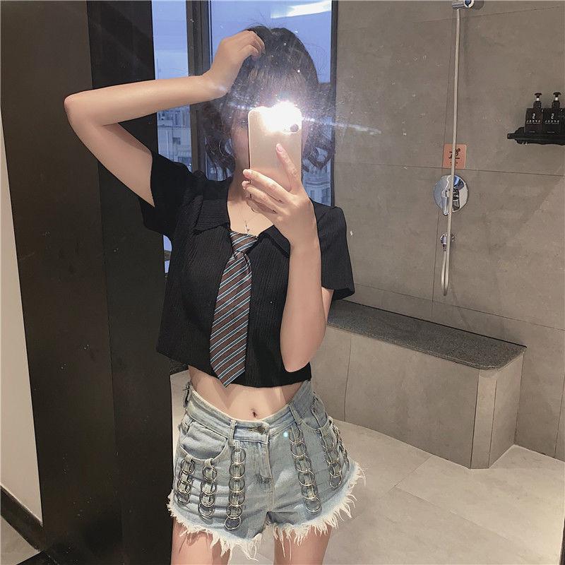 2024 Summer Korean Style Slimming Polo Collar Knitted Short Sleeve Top for Women