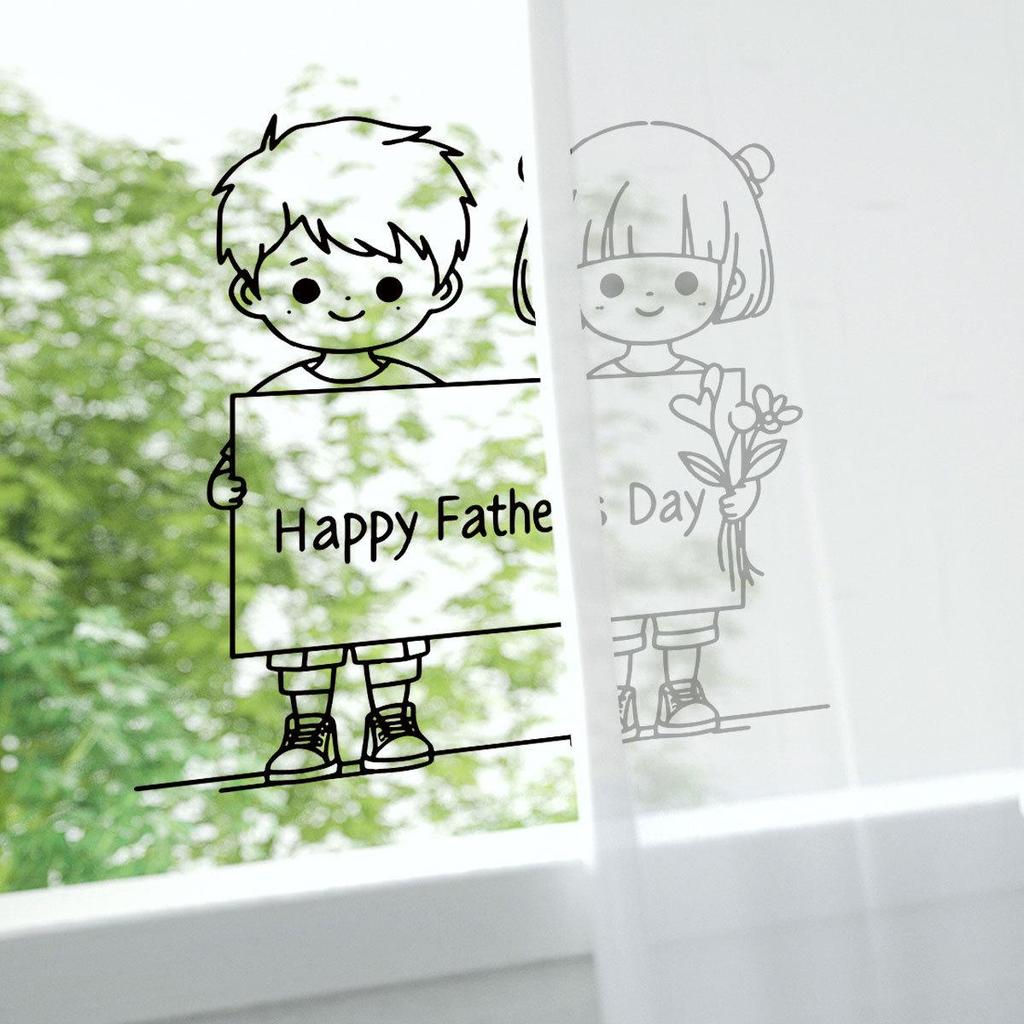 Father's Day Cartoon Kids Static Cling Stickers – Simple Line Design for Fun Decor