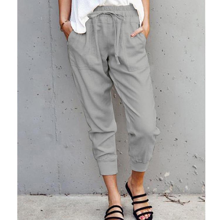 

Women s Summer Cotton Linen Cropped Lace-up Casual Pants Large сірий колір
