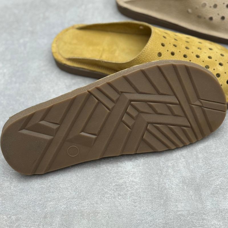 Johnature Handmade Cowhide Slippers Round Toe Flat Hollow-out Breathable Genuine Leather Slides