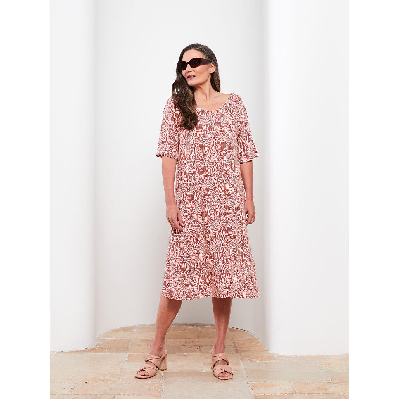 

LCW GRACE Женское платье из вискозы с короткими рукавами и V-образным вырезом, розовое