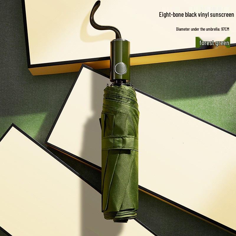 Vollautomatischer dreifach faltbarer UV-Schutz-Schirm mit schwarzem Kleber und Logo für Regen oder Sonne