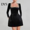 Long Sleeve Mini Dress Women Square Collar Beaded Flower Decor Formal Short High Waist Above Knee Length