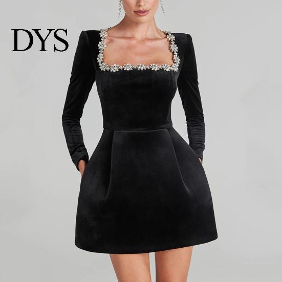 Long Sleeve Mini Dress Women Square Collar Beaded Flower Decor Formal Short High Waist Above Knee Length
