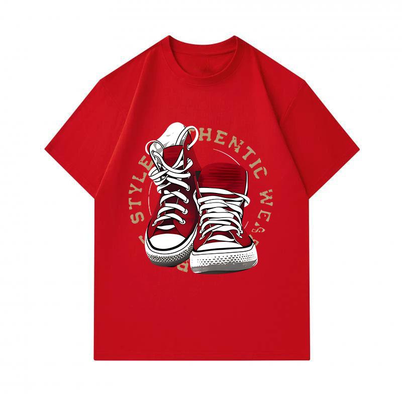 Men's 100% Cotton Crew Neck Short Sleeve T-Shirt, Retro Red Canvas Sneaker Printed Casual Comfortable Tee, Stylish Authentic Streetwear Daily Fashion