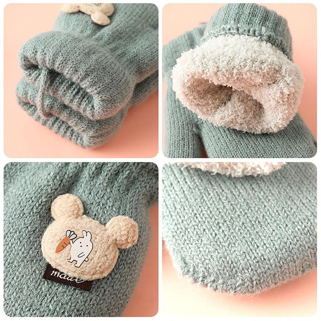 Cute Cartoon Knitted Baby Mittens Winter Thicken Plush Warm Gloves For Kids Windproof Outdoor Boys Girls Full Finger Gloves