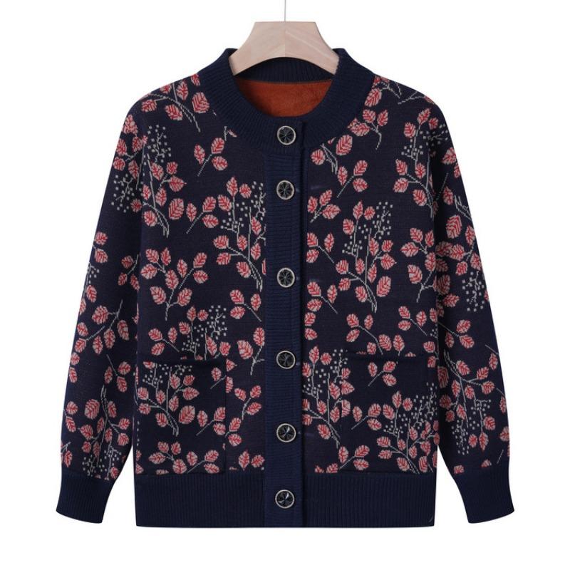 Mom autumn integrated fleece cardigan sweater jacket female grandma fleece knitted sweater autumn and winter top medium and old women's clothing
