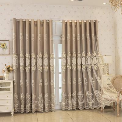 European Floral Embroidered Double-Layer Blackout Curtains with Sheer, Eyelet Finish for Living Room/Bedroom