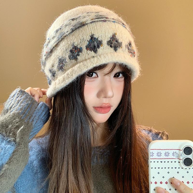 Jacquard knitted crimped headgear women's autumn and winter warm new fashionable versatile face small wool hat