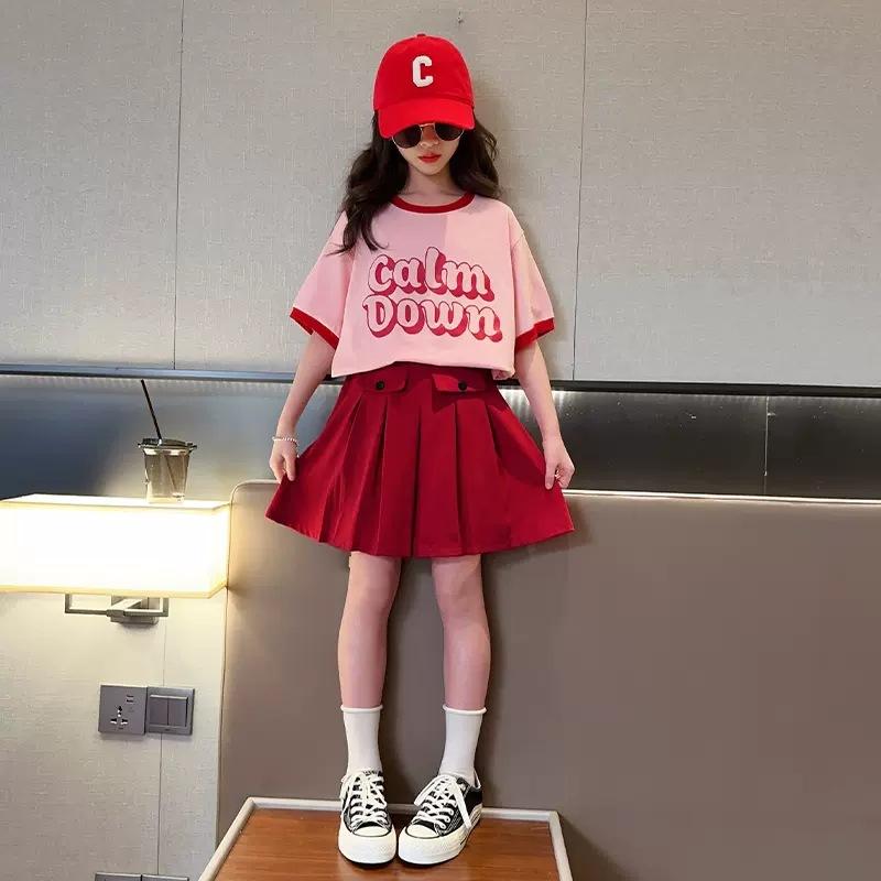 Summer Teenager Girls Cloth Short Sleeve Letters Striped T Shirt + Cargo Skirt Dress Children Set