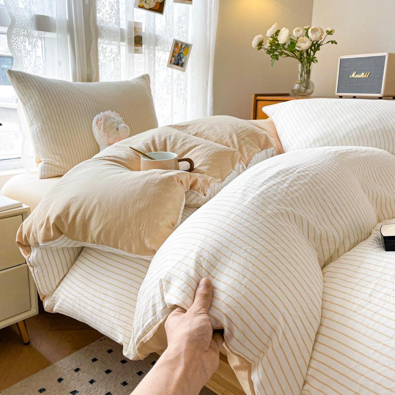 Skin-Friendly Washed Cotton Dorm Three-Piece Set: Stripe Duvet Cover & Pillowcase, Single/Double Size, Class A Quality