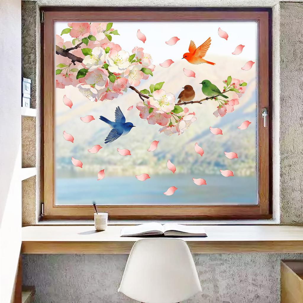 Floral Branch with Bird Static Cling Window Stickers No Glue Removable Reusable for Bedroom Living Room Study Home Decor