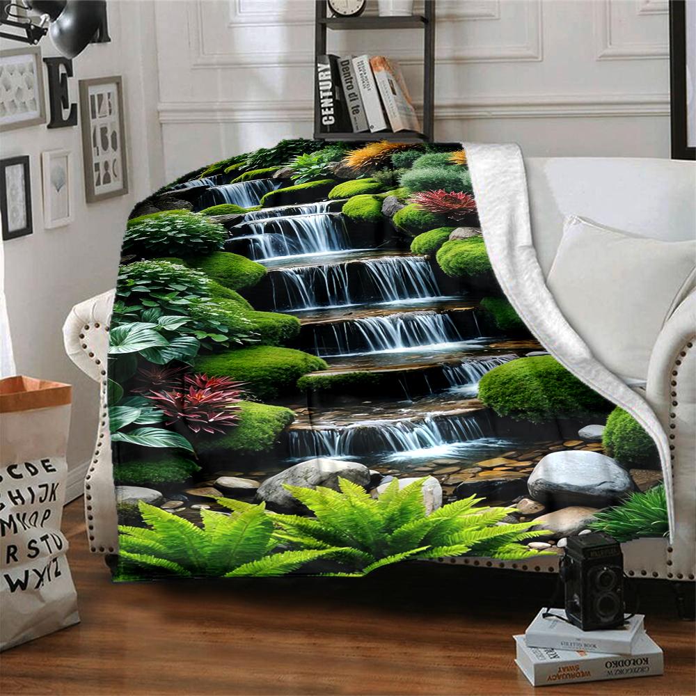1Pc Waterfall Lush Garden Blanket Soft And Comfortable Casual Warm Camping Travel Christmas Halloween Xmas Gift M92859