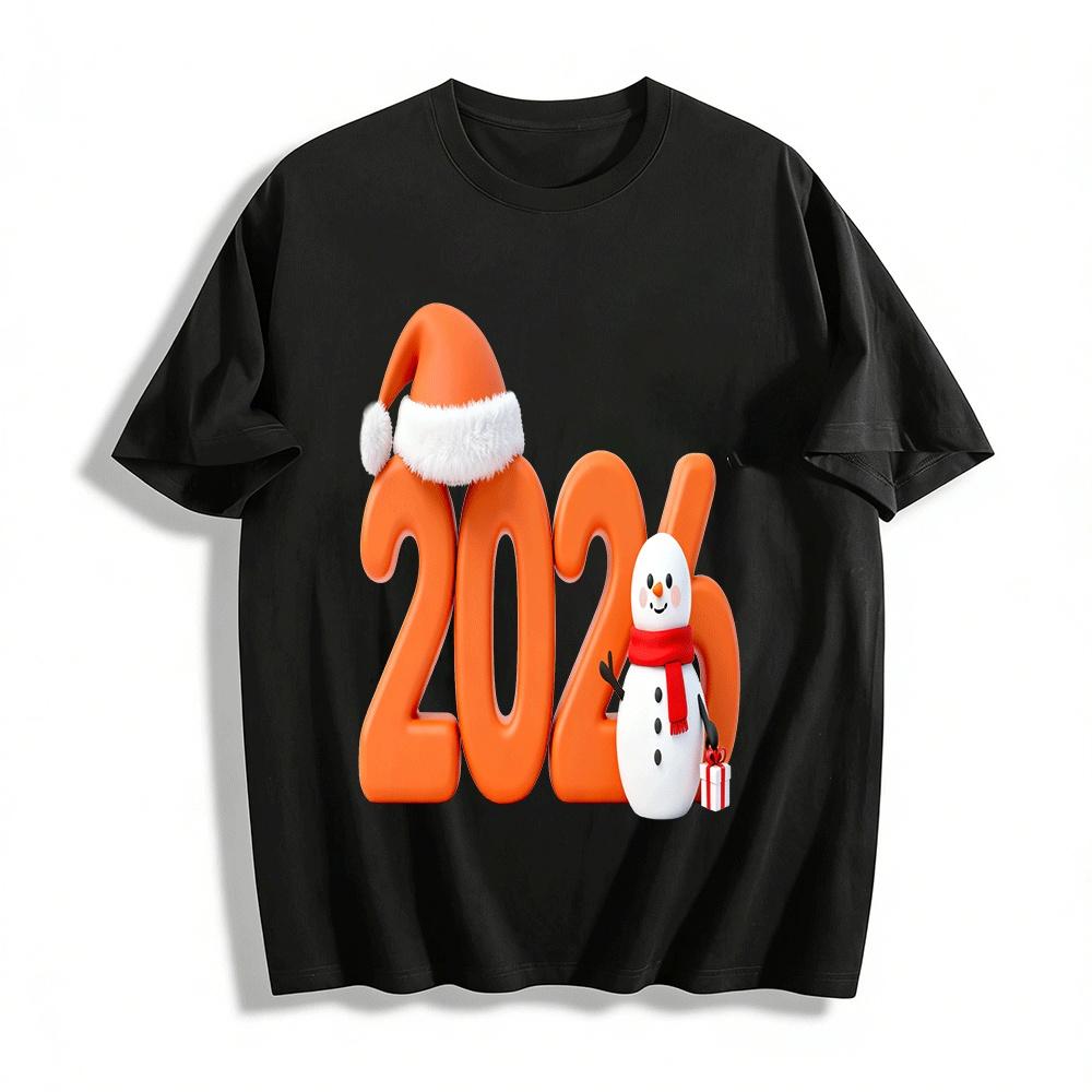 2026 New Year Christmas Snowman Print Casual Holiday Top Pure cotton T-shirt XXS