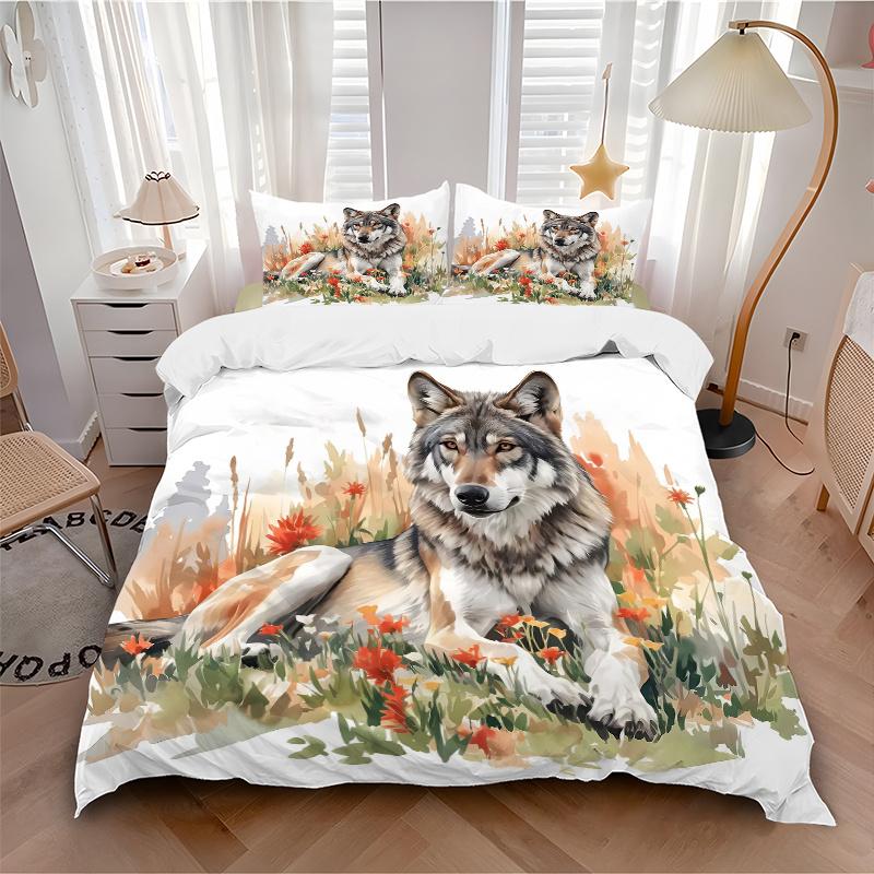 3pcs Wild Wolf amidst Autumnal Wildflowers Print Bedding Set (1 Cover + 2 Pillowcases, Without Inserts), This Printed Bedding Set is Soft and Com