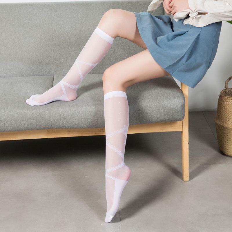 

Ultra-thin Japanese Style Women s Lace-up Mid-Calf Socks, Jacquard, Breathable, Solid White One Size розовый