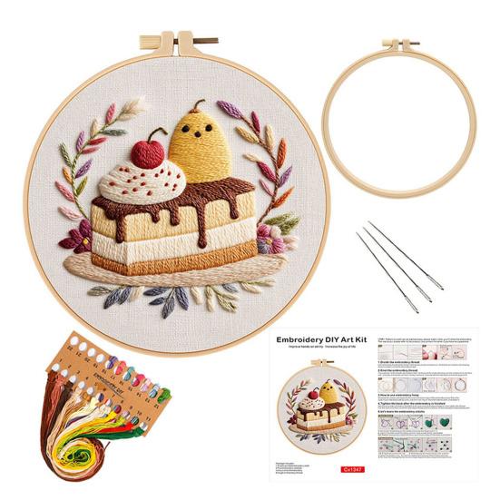 1 Set Cake Embroidery Kit with Hoop Threads Needles Pre-Stamped Dessert Cross Stitch Craft