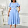 Women's Summer Fashion Bubble Sleeves Elegant High Waist Solid Color Round Neck Large Skirt Dress