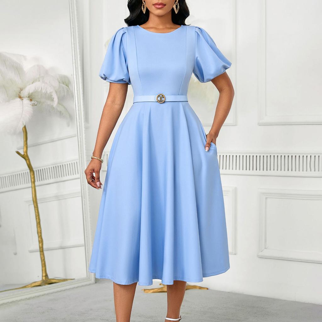 Women's Summer Fashion Bubble Sleeves Elegant High Waist Solid Color Round Neck Large Skirt Dress