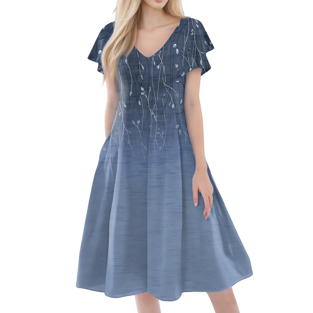 Women's Casual Fashion V-neck Short Sleeve Print Dress With Pockets