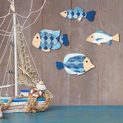 4 Stück Holzfisch Wanddeko Rustikal Strand Nautisch Holz Kunst Küsten-Thema Hängeschild für Zuhause Seehaus Badezimmer Dekor