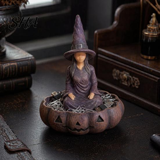 Halloween Party Table Centerpiece Faceless Witch Storage Tray, Resin Pumpkin Candy Bowl, Figurine Detailed Sculpture Desktop Organizer for Candies