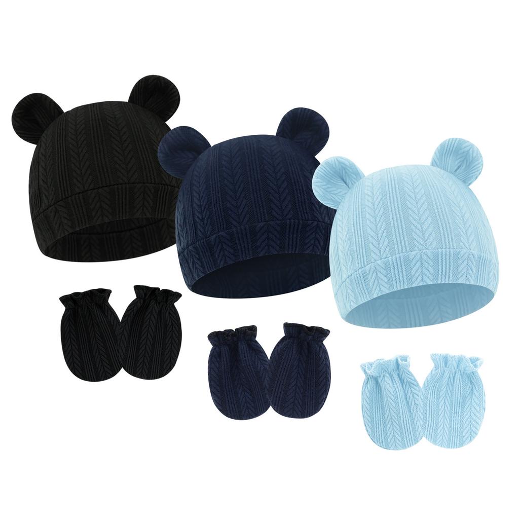 Baby Boy Girl Gloves Hat Knitted Soft No Scratch Mittens Breathable Cotton Blend Bear Ear Cap Gloves for Infant