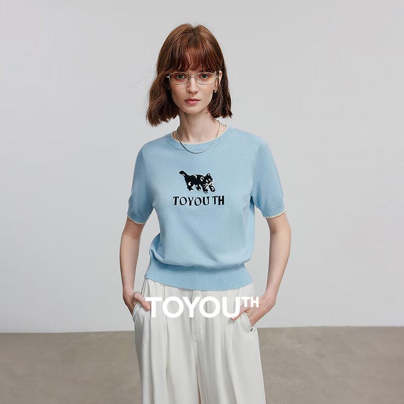 

Chuyu 2025 Summer Cat Jacquard Round Neck Knit T-Shirt L