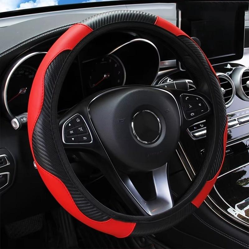 PU Carbon Fiber Leather Car Steering Wheel Cover Protective Cover without Inner Ring for 14.5-15 Inches of Automotive Supplies