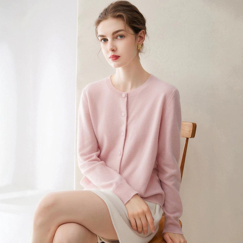 Kangsai Ni Women's 100% Pure Cashmere Round Neck Cardigan - Autumn/Winter Knit Sweater Jacket