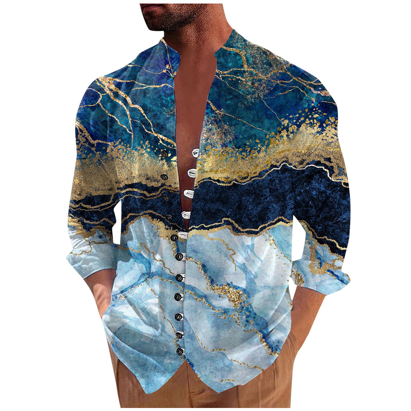 New Men s Retro Casual Loose Fitting Long Sleeved Printed Shirt XXL синий