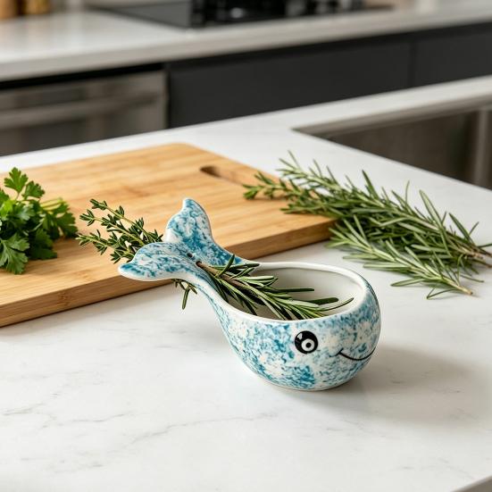 Herb Stripper Bowl Resin Herbal Peeling Bowl with 4 Size Holes Blue Whale Shape Pottery Herb Peeler for Removing Leaves from Thyme Rosemary