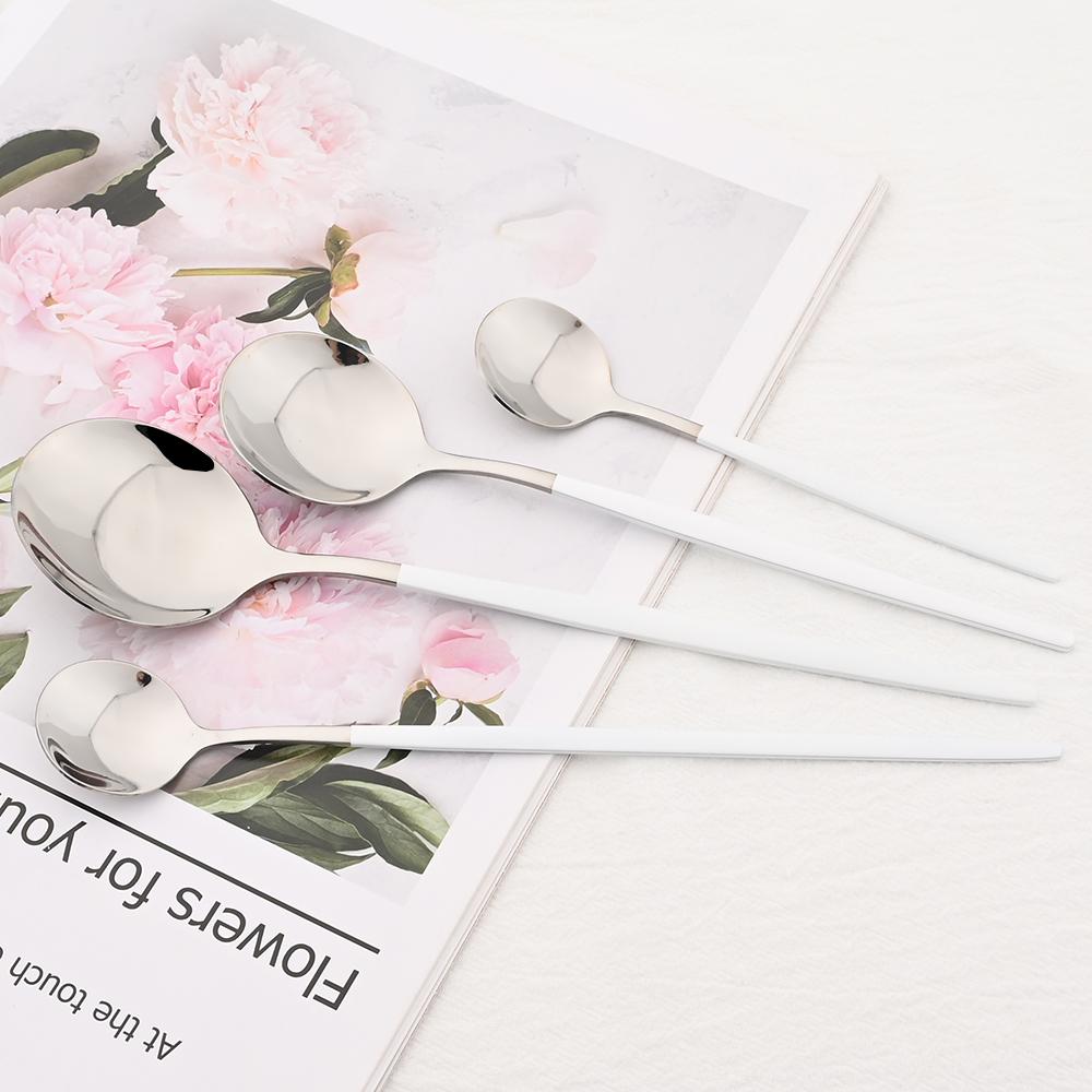 6Pcs White Silver Cutlery Set Stainless Steel Dinnerware Tableware Dessert Knife Forks Long Handle Spoon Coffee Spoons Flatware