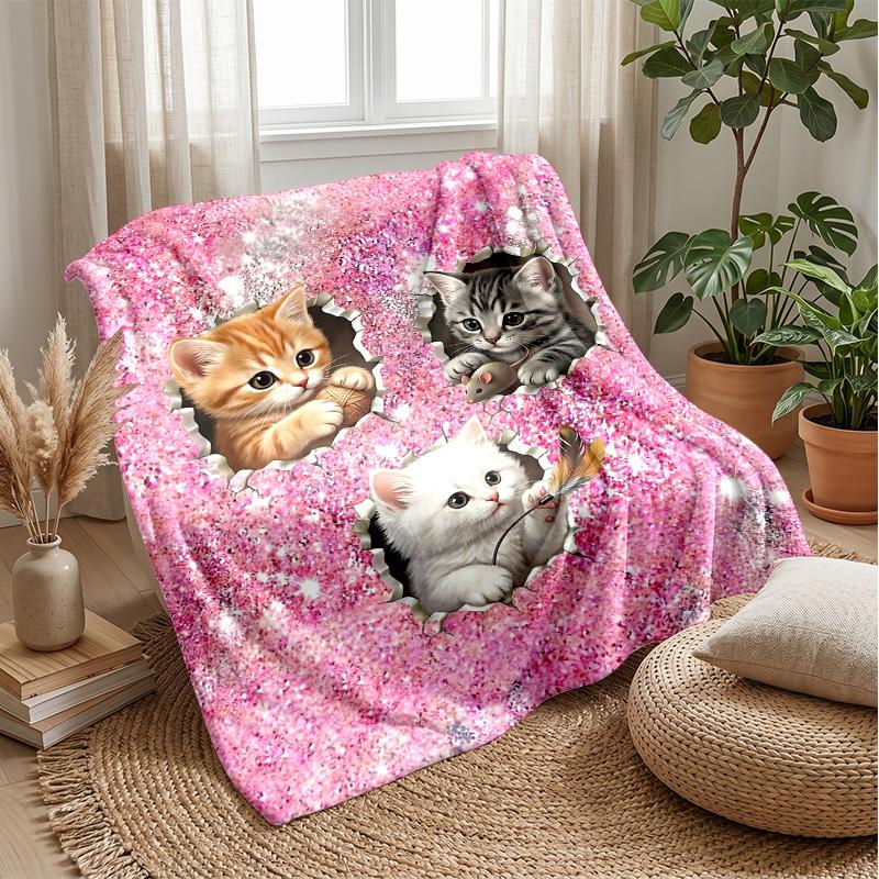 Three Kittens with Strawberries Theme blanket Lightweight Warm Flannel Blanket Decorative Throw Blanket for Home Decoration