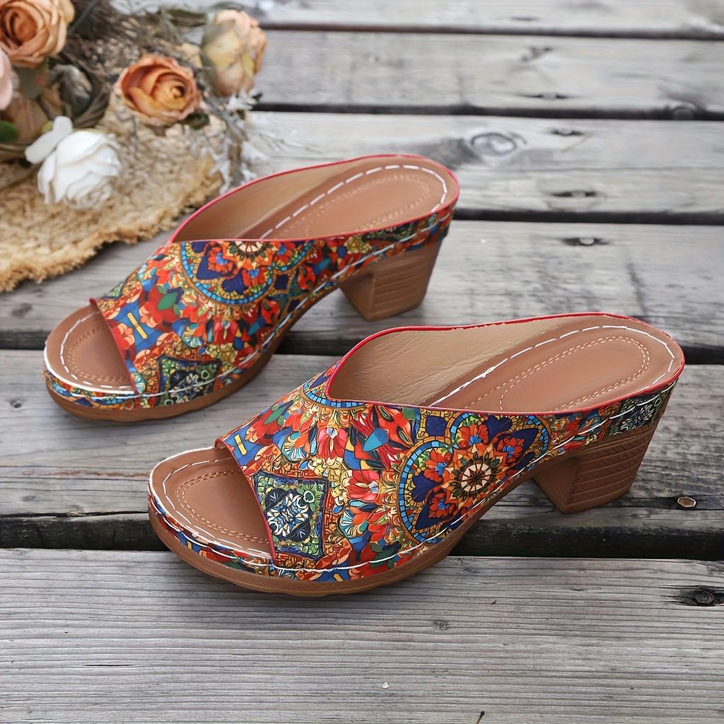 Böhmische Ethno Keilsandalen Fischmaul Offene Zehenpartie Genähtes Druckdesign Sommer Damenschuhe
