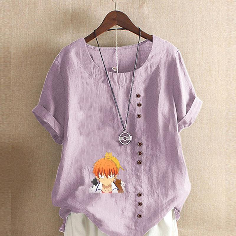 Women's Fashion Round Neck Short Sleeve T-shirt Casual Cotton Linen Graphic Shirt Leisure Loose Angry Boy Prined Summer Blouse Tops