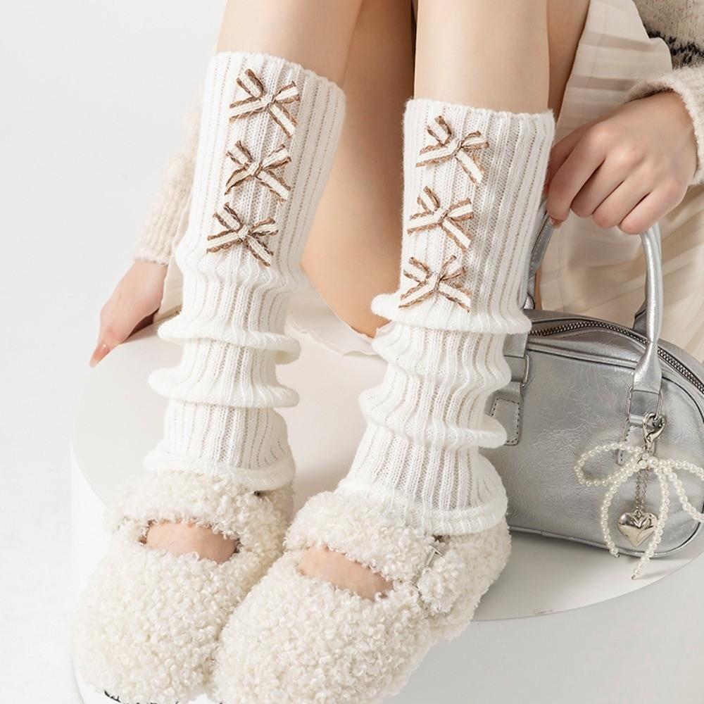 

New Ballet Bow Slouch Socks Y2K Warm Tool Merlad Knit Calf Sock Leg Warmers Boot Cuffs Foot Warmers One Size белый