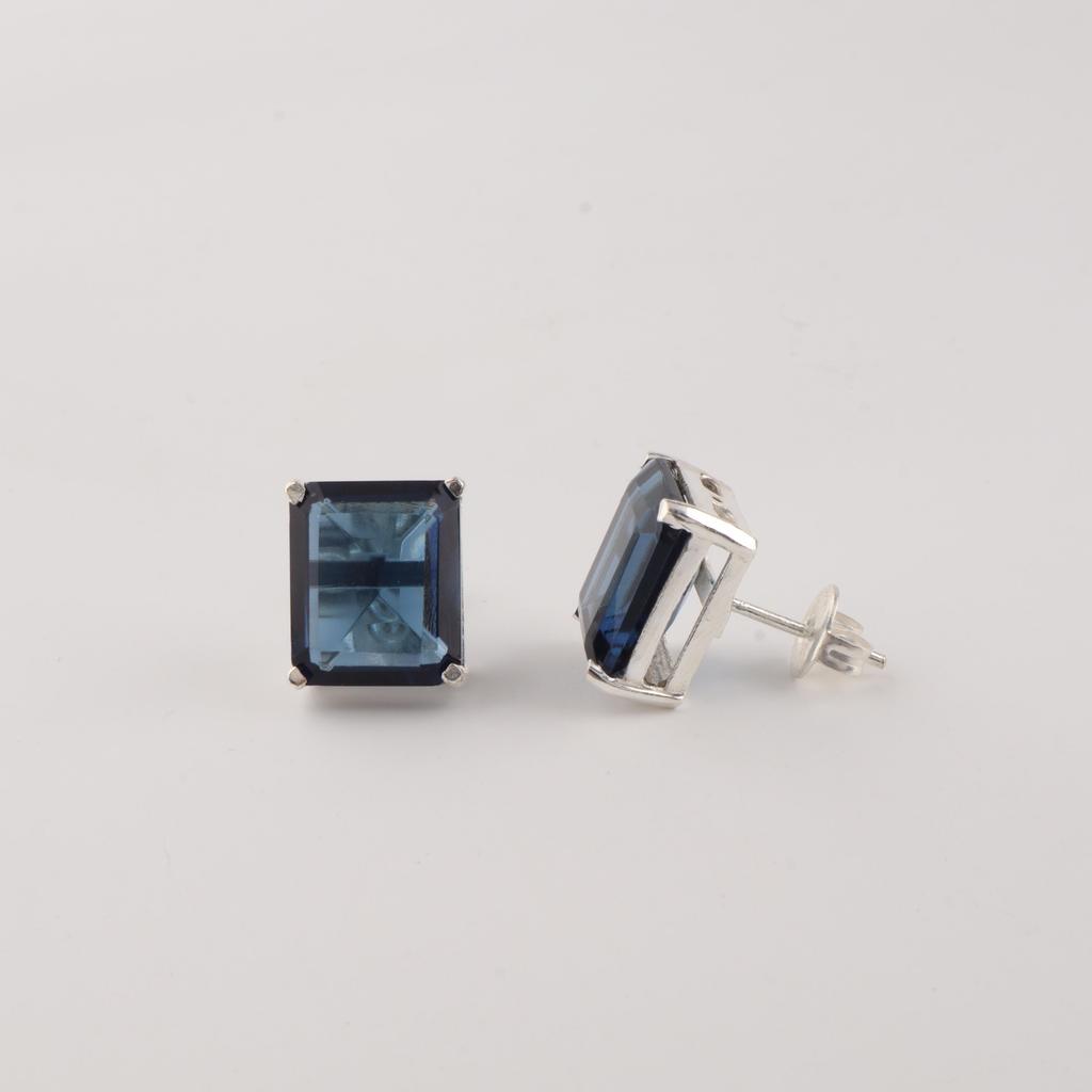 Rare London Blue Topaz Gemstone 925 Sterling Silver Jewelry Handcrafted Earrings 0.4" For Gift EE-179-15