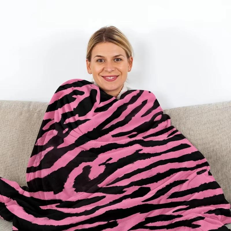 Pink Leopard Zebra Print Flannel Blanket - Warm Throw for Kids Adults Teens & Sofa Bed