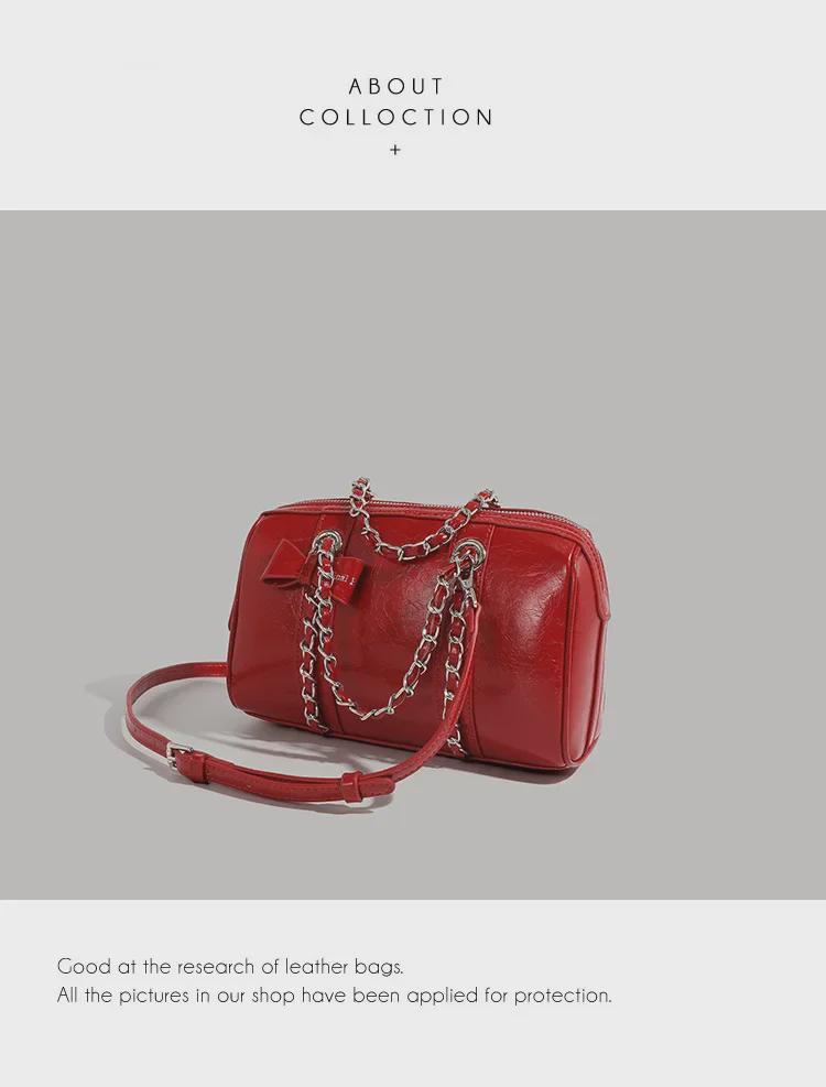 Korean-Style Boston Wax Leather Handbag with Bow Accent