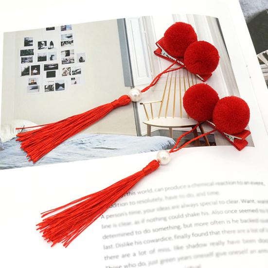 1Pair Chinese Style Kid Girl Pompom Fan Tassel Hairpins Hair Clips Accessories