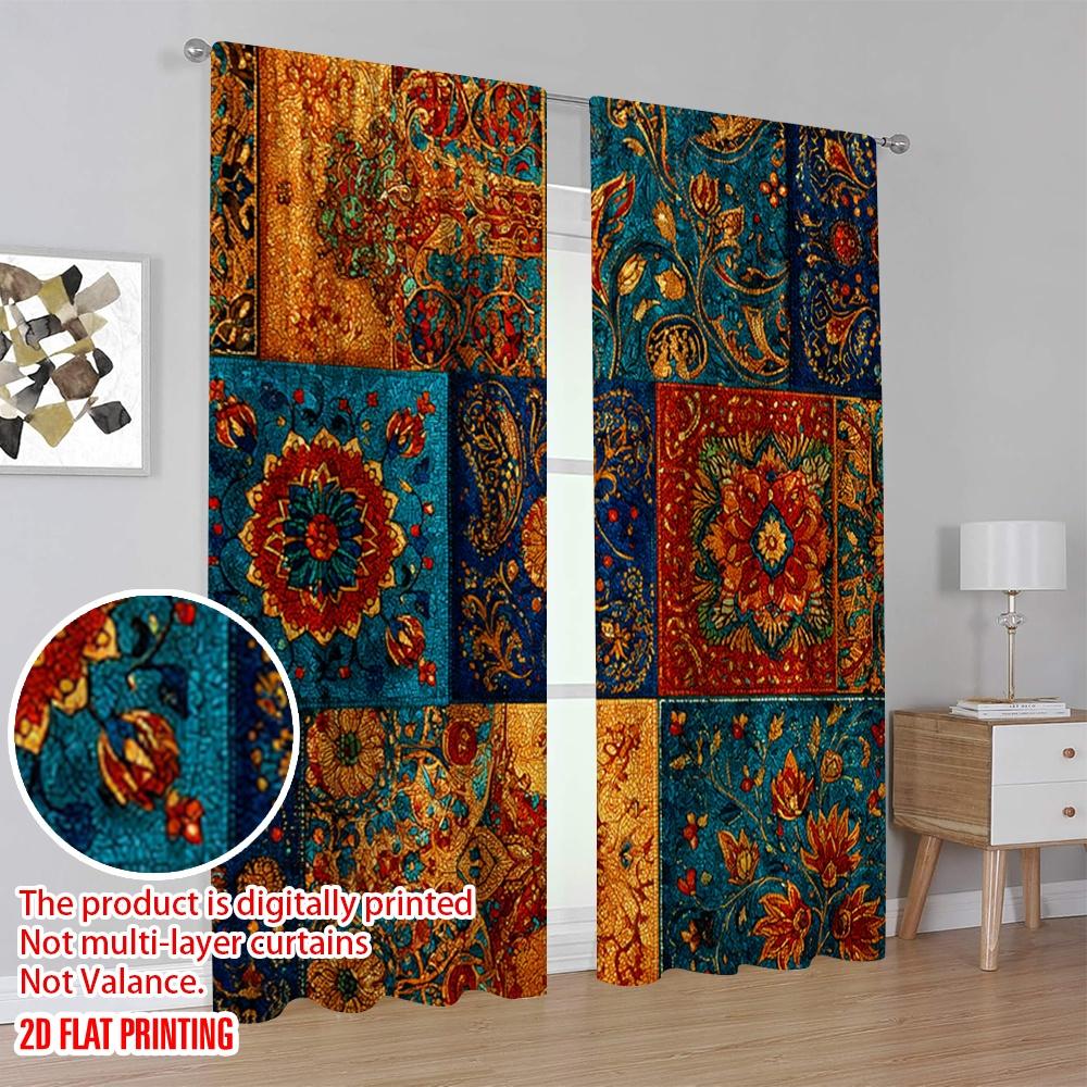 2D Flat Printing 2pcs Window Curtains Bohemian Patchwork Polyester Without Electricity Holiday Decorations Use for New Year