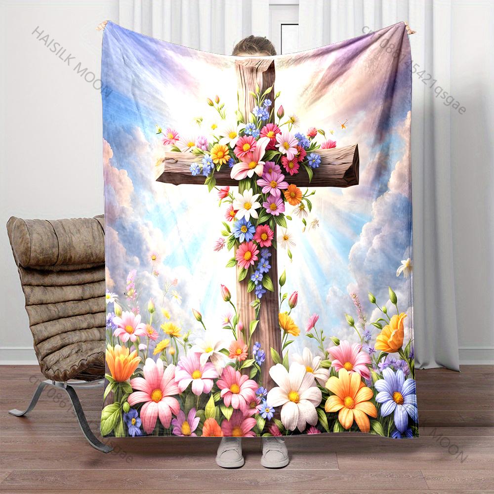 Flower Cross Pattern Believer Blanket Warm Soft Fluffy Kids and Adult Sofa Bed Throw Blanket Suitable Home Travel Camping Gifts